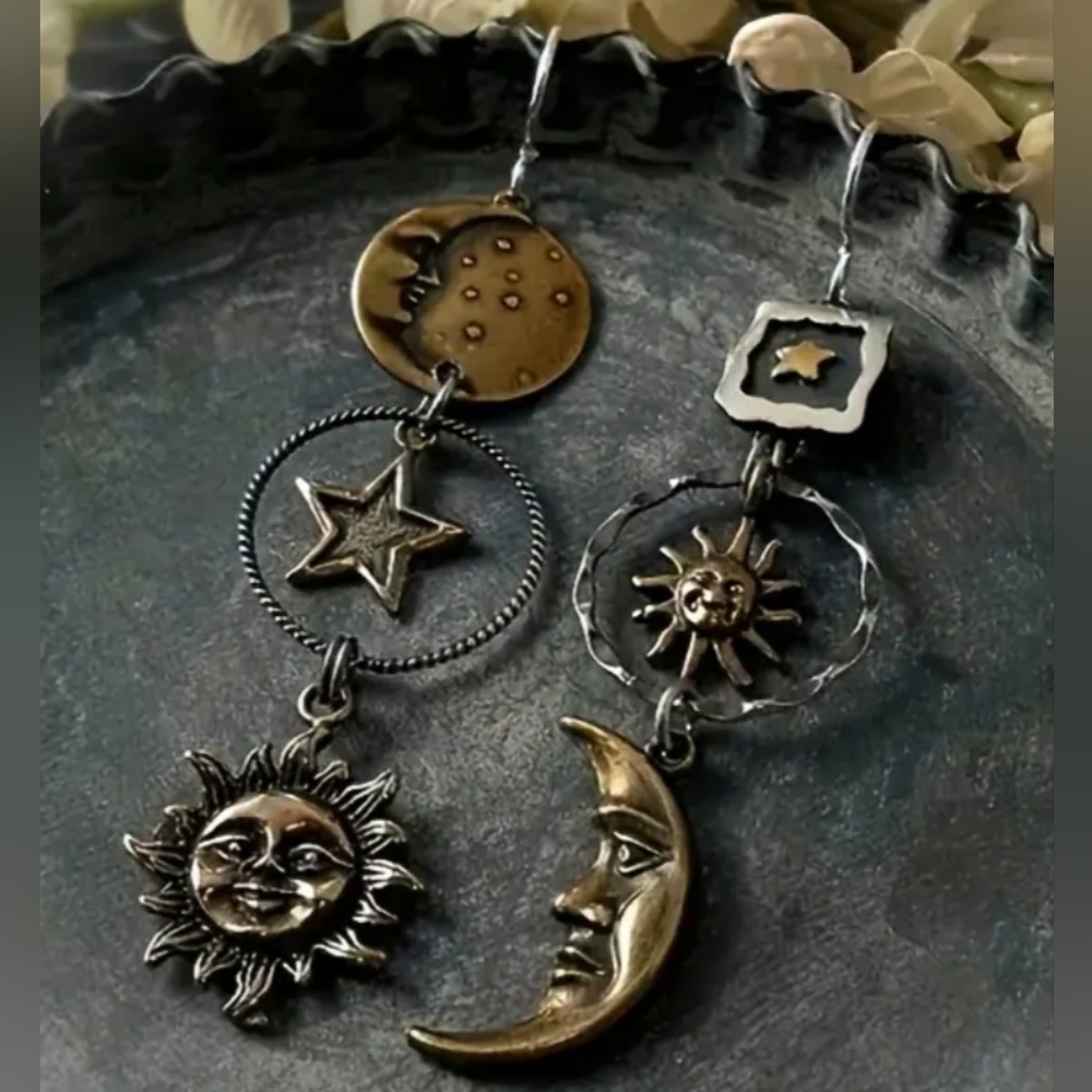 Celestial Sun Moon Stars Antique Bronze Silver colored metals Pierced